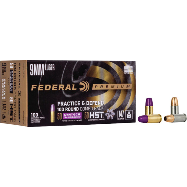 Federal Practice & Defend Pistol Ammo 9mm 147 gr. HST/Synthetic 100 rd.