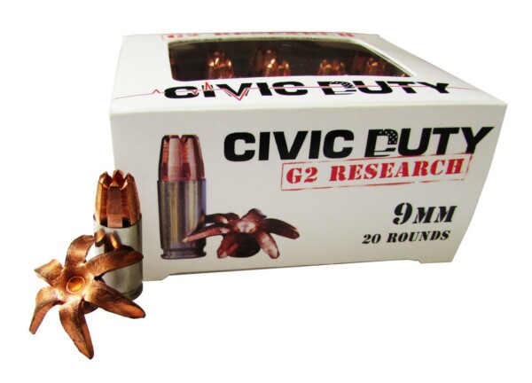 G2 Research Civic Duty 9mm 100 Grain Solid Copper Hollow Point Ammunition - 20 Rounds