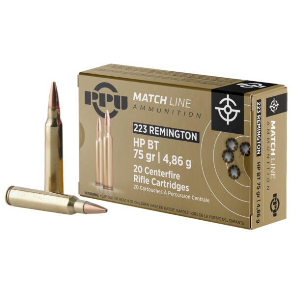 PPU Match .223 Remington 75 Grain Hollow Point Boat Tail (HPBT) Ammunition - 20 Rounds